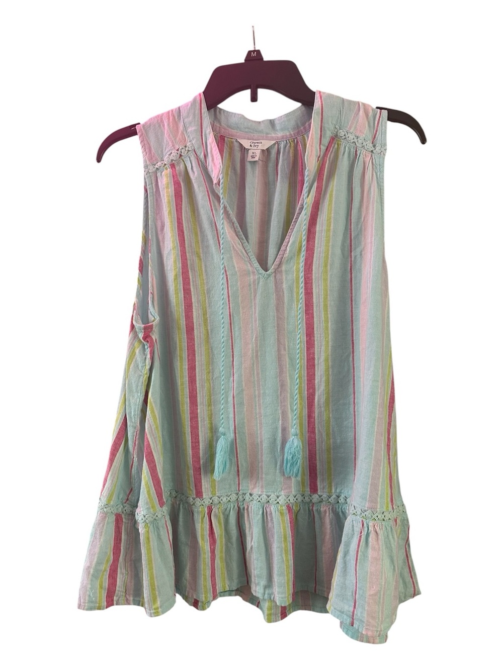 Crown & Ivy Striped Pastel Tassel V-Neck Top Size XL - Picture 2 of 5